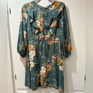 Suzanne Betro Forest Green Floral Long Sleeve Ruffle Mini Dress L
